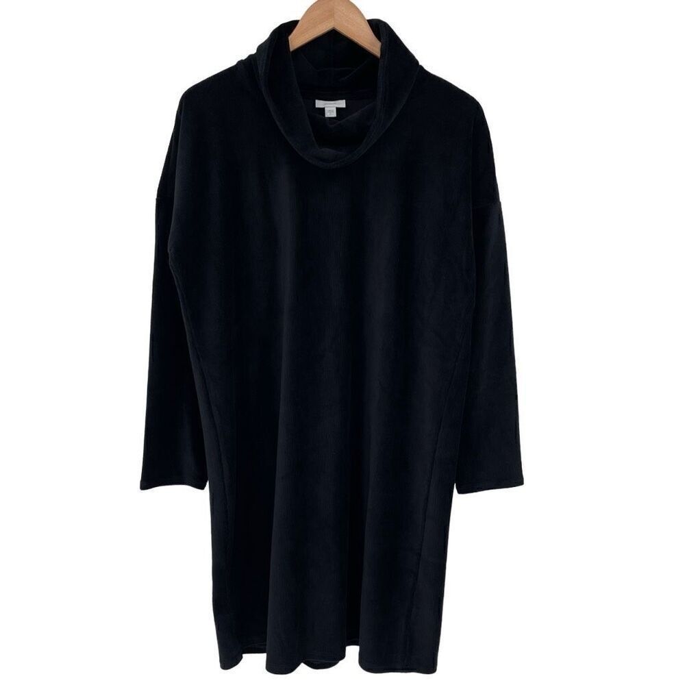 J Jill Pure Jill Ribbed Cowl Neck Long Sleeve‎ Shift Dress Women Large Black NWT
